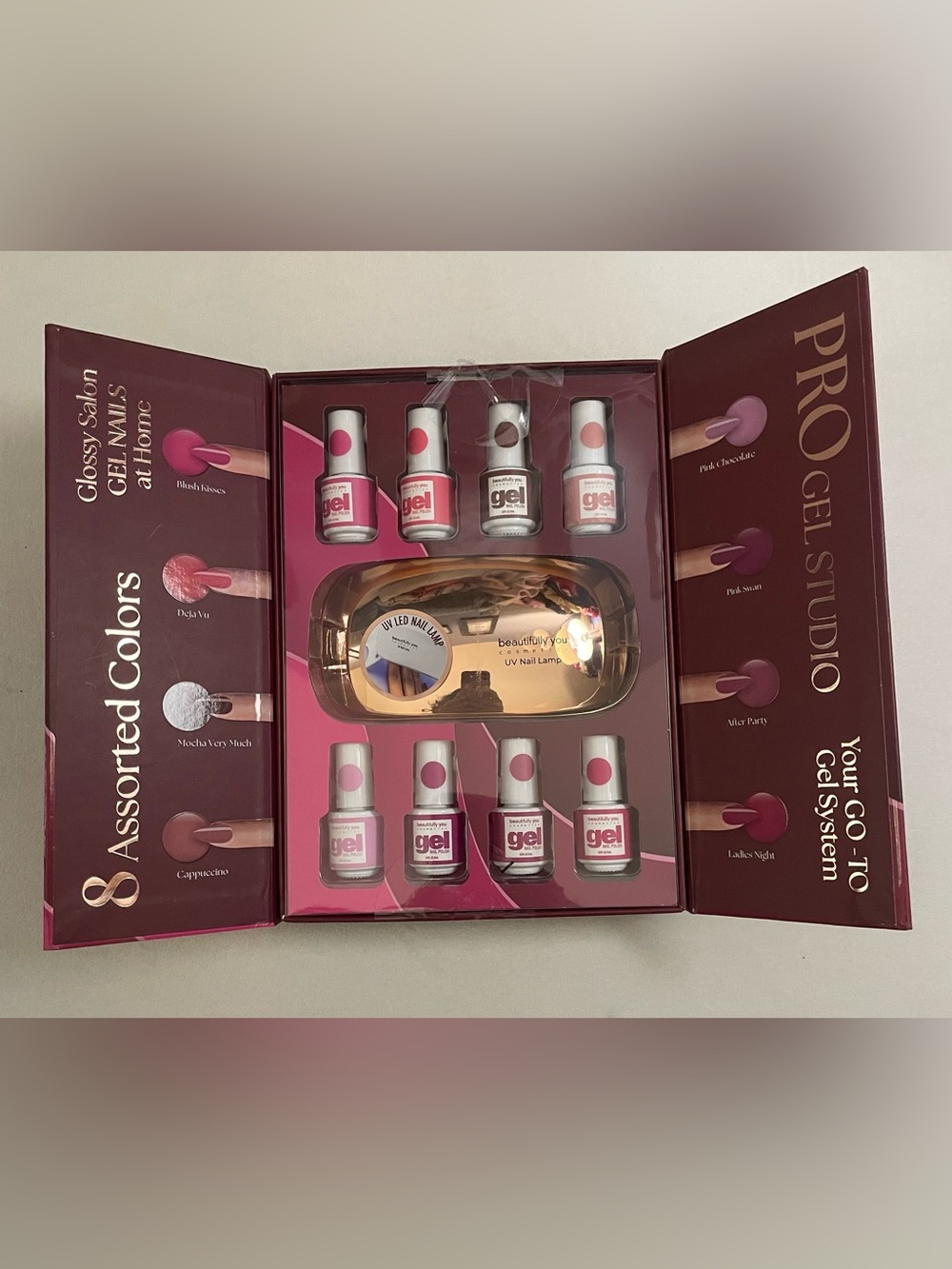 8-Piece Pink Assorted Gel Nail Kit with UV Lamp